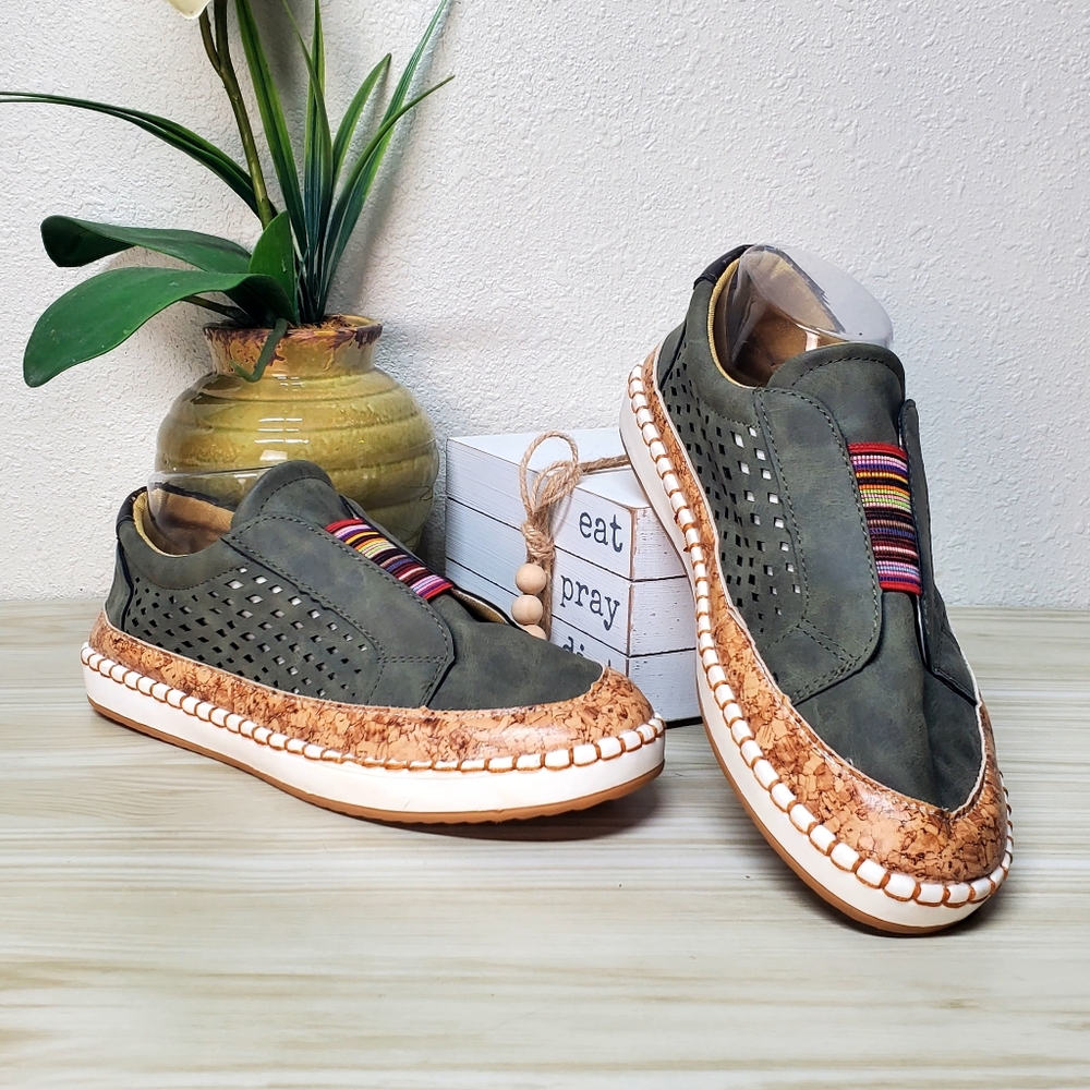 Green and Tan Flats with Breathable Upper and Elastic Bands NWOT